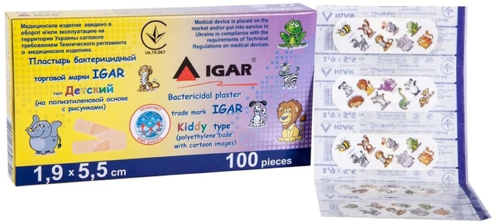 Пластир бактерицидний Igar Дитячий на поліетиленовій основі з малюнками 1.9х5.5 см №100 (4820017608695) - зображення 1