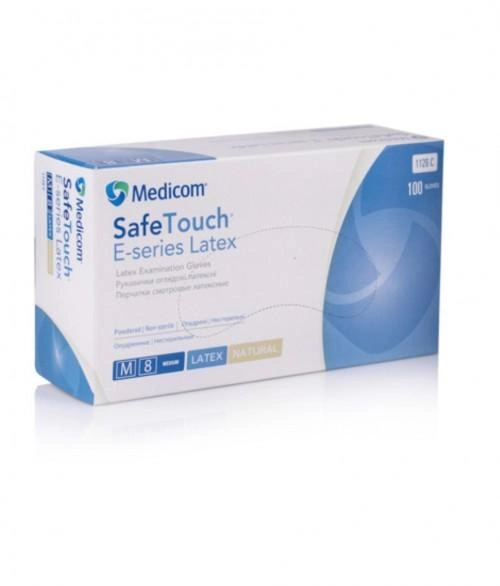 Одноразові рукавички латексні припудрені нестерильні Medicom SafeTouch E-series Latex 100 шт в упаковці Розмір M Білі - изображение 1