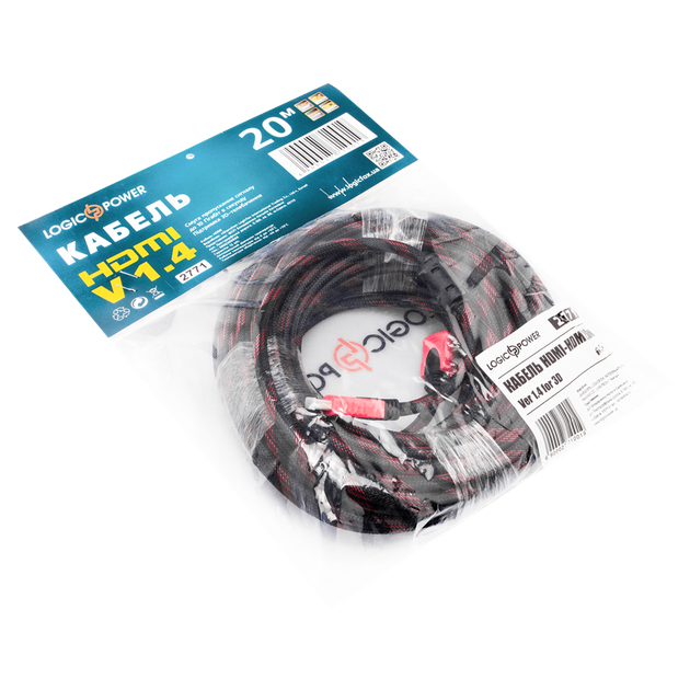 Кабель LogicPower (LP2771) HDMI-HDMI, v1.4, 20м, черный с красным - изображение 2