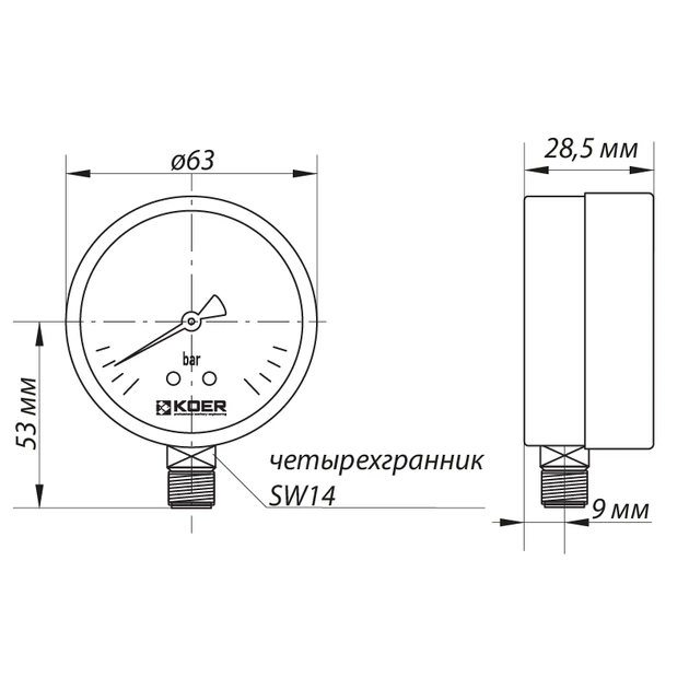 Радіальний манометр (KOER KM.610R) (0-4 bar), D=63мм, 1/4'' (KR0203) - зображення 2