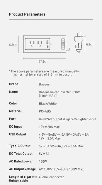 Автомобільний перетворювач напруги Baseus In Car Inverter 150W (110V US/JP) | 2Sockets USA 110V, 1USB/1Type-C, 0.4m | white - зображення 5