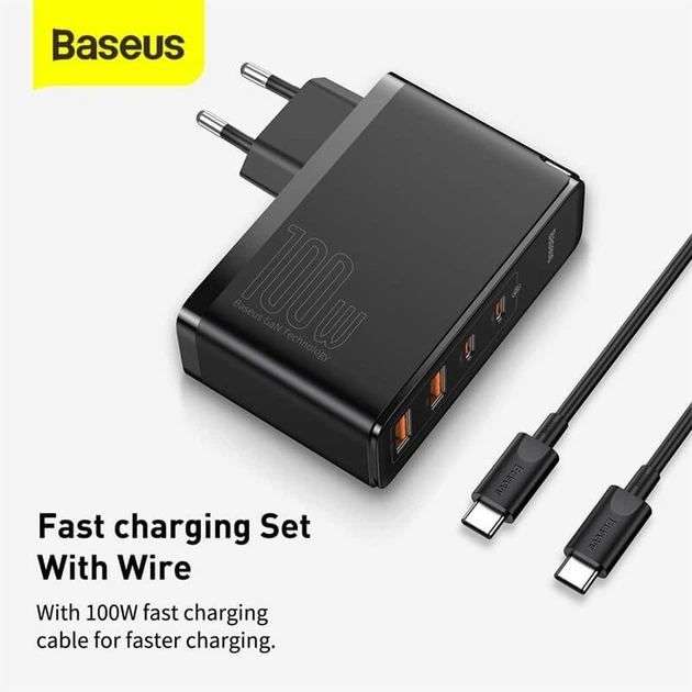 Блок питания Baseus 100W GaN2 Pro Quick Charger |2xUSB/2xType-C, QC/PD, 5A| + кабель USB-C 100W для MacBook/Huawei/Samsung/Asus/Google/Lenovo black - изображение 7