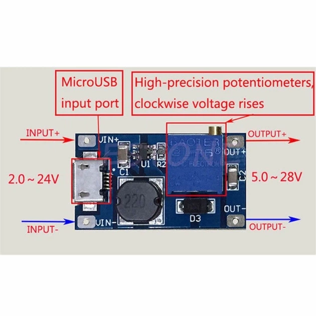 DC-DC повышающий преобразователь, 2-28V 2A, модуль micro USB XY-016 - Фото 2 DC-DC повышающий преобразователь, 2-28V 2A, модуль micro USB XY-016 - изображение 2