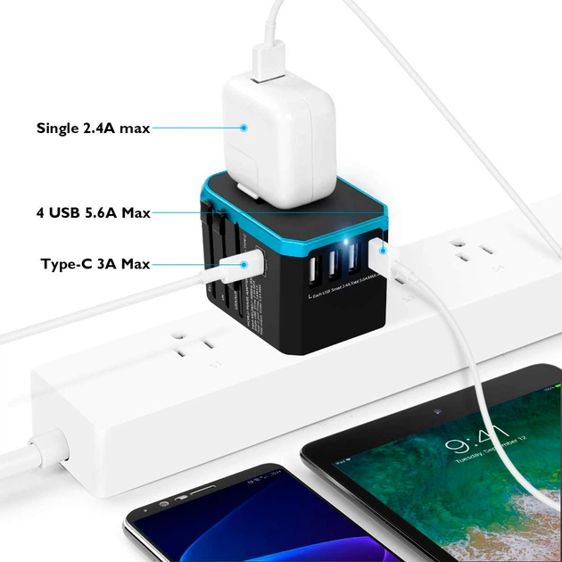 Мережевий дорожній універсальний адаптер Masslinna 4 USB + Type-C Black/Blue (NA1) - Фото 16 Мережевий дорожній універсальний адаптер Masslinna 4 USB + Type-C Black/Blue (NA1) - зображення 16