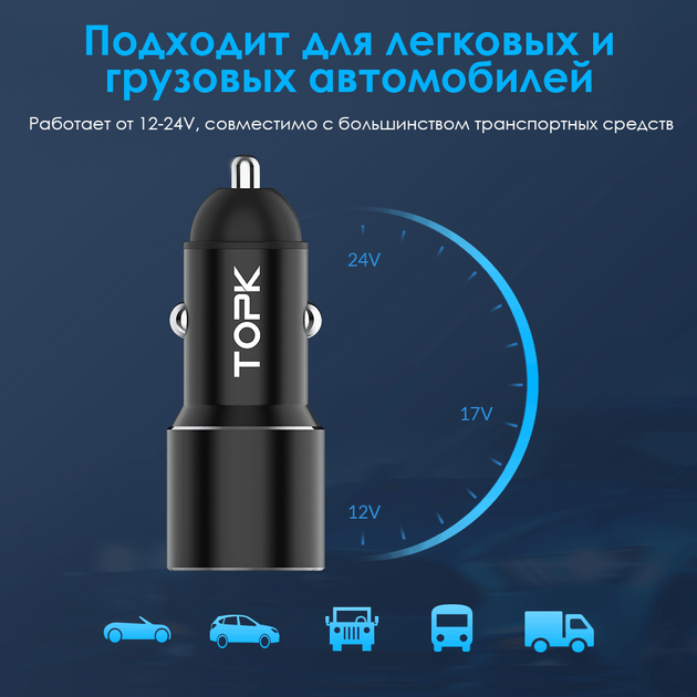 Автомобильное зарядное устройство TOPK G207Q QC 3.0 30W 2xUSB - изображение 4