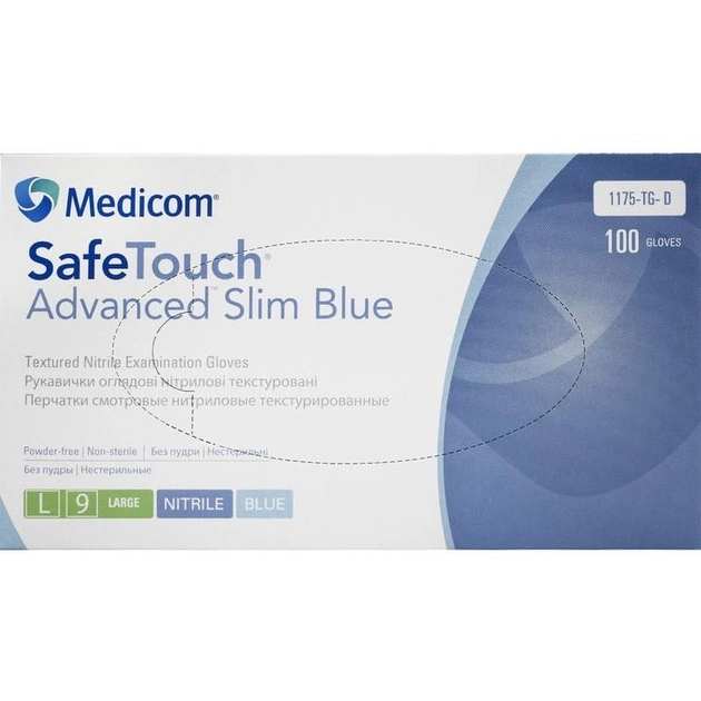 Рукавички нітрилові без пудри нестерильні SafeTouch Advanced Slim Blue, розмір L 100 шт в уп - зображення 1