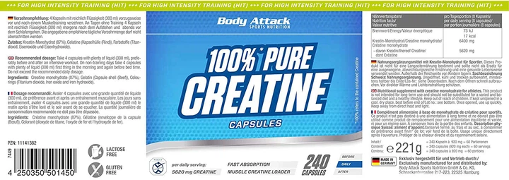 Креатин Body Attack 100% Pure Creatine 240 капсул (4384303679) - изображение 5