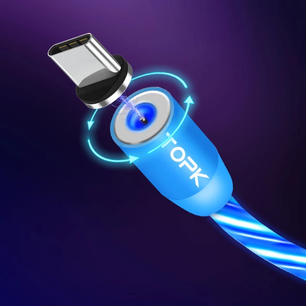 Светящийся магнитный кабель зарядки TOPK AM67 LED 1m 2.4A Type-C Blue - изображение 6
