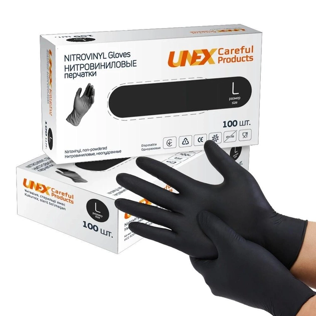 Нитровиниловые перчатки L (8-9) Unex черные 100шт - изображение 1