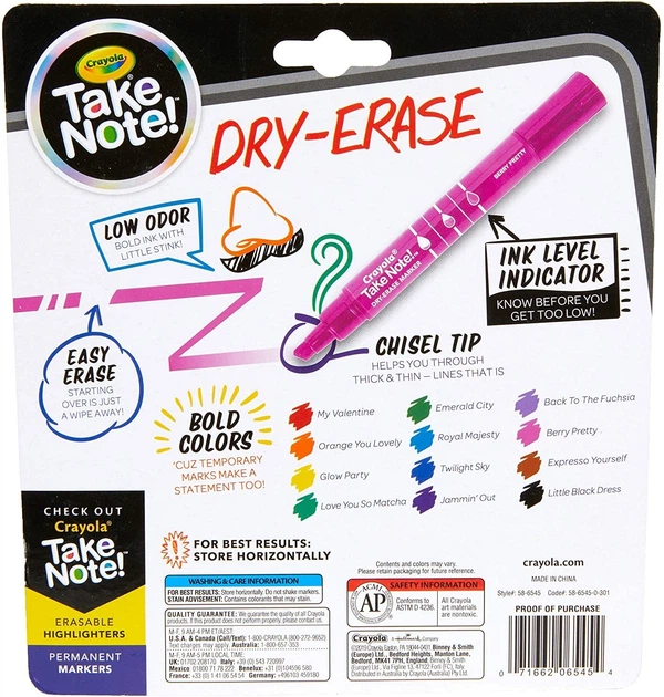 Набір маркерів сухого стирання Crayola Take Note! Low Odor Dry Erase Markers 12 шт. (58-6545) - зображення 3