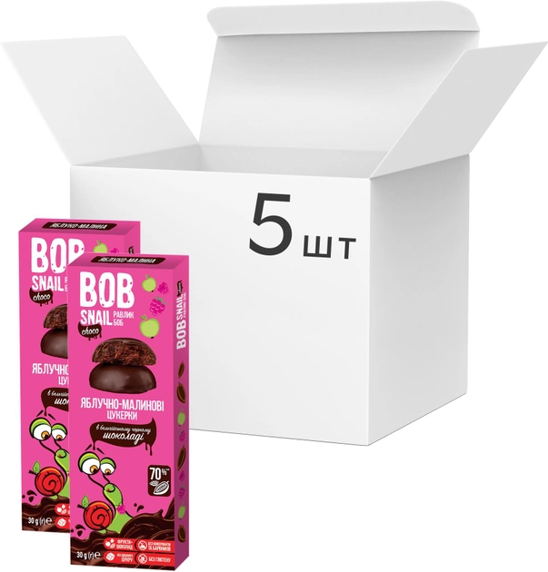 Упаковка конфет Bob Snail натуральных Яблочно-малиновых в черном шоколаде 30 г х 5 шт (2000000004587) 