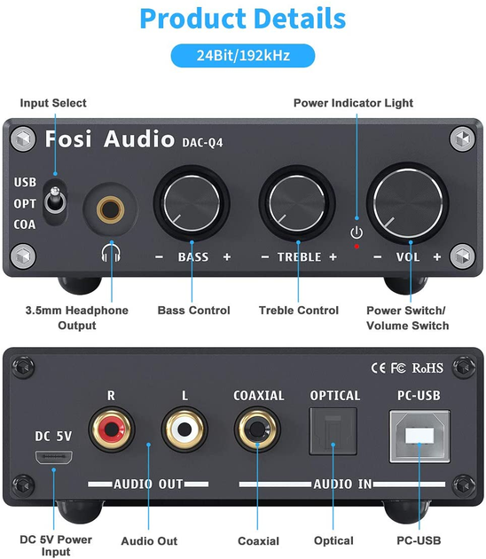 Конвертер звуку Fosi Audio DAC-Q4 SPDIF / Coaxial на RCA / 3.5 black ...