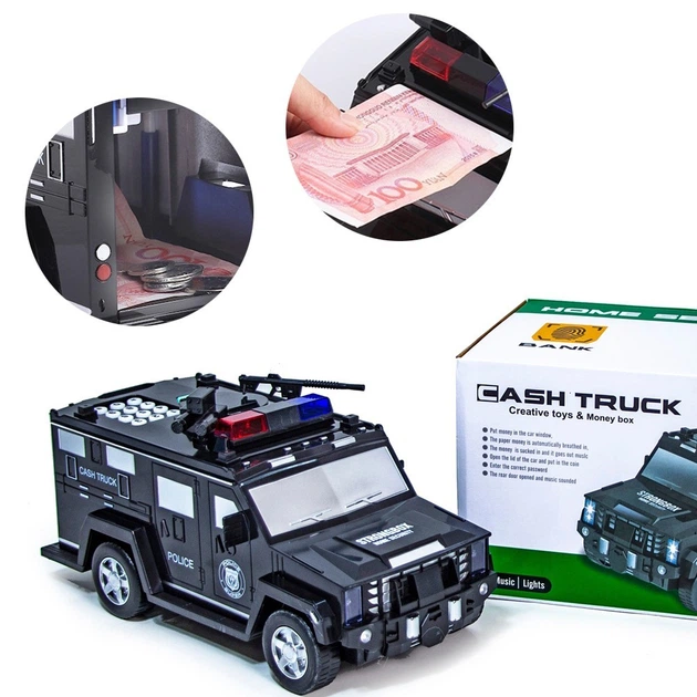 Электронная детская копилка - сейф Полицейская машина Cash Truck с кодовым замком купюроприемником и отпечатком пальца Черная - изображение 8