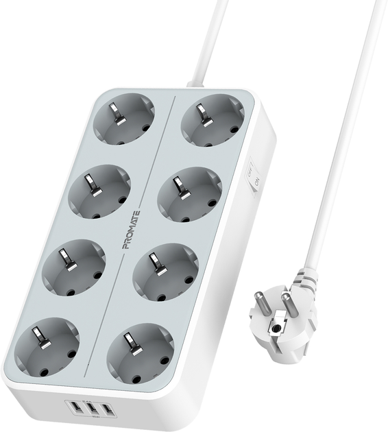 Сетевой фильтр 11-в-1 Promate PowerCord8EU-2M 8 розеток и 3 USB порта ...