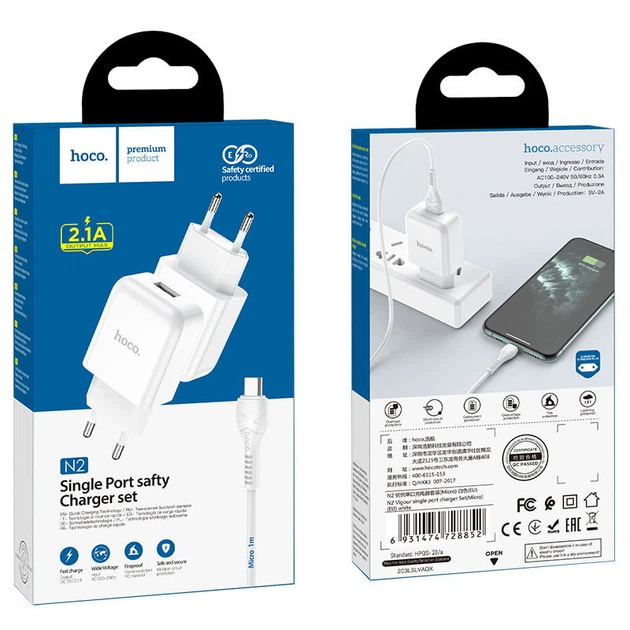 Сетевое зарядное (СЗУ) Hoco N2 (1USB/2.1A) + USB - MicroUSB Белый - Фото 5 Сетевое зарядное (СЗУ) Hoco N2 (1USB/2.1A) + USB - MicroUSB Белый - изображение 5