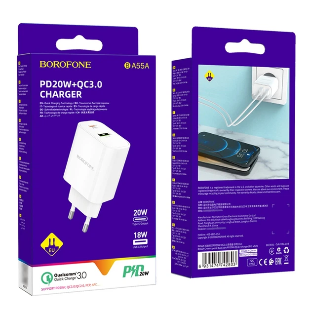 Сетевое зарядное устройство Borofone BA55A QC3.0+PD20W белое - изображение 4