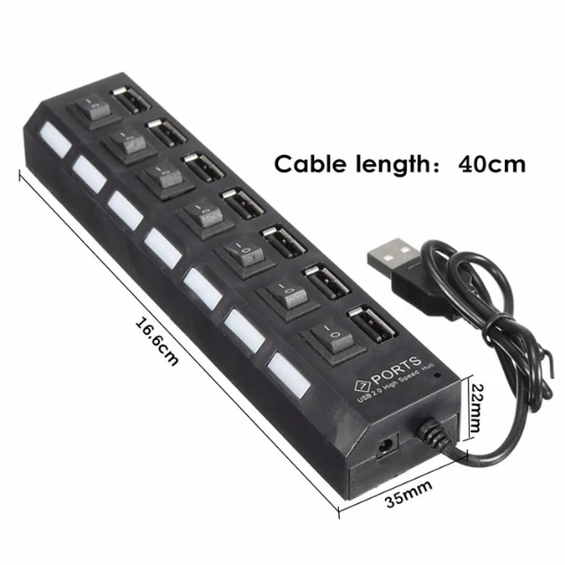 Розгалужувач на 7 портів USB 2.0 хаб з перемикачами Memos HB27-203PBK Чорний (3-HB27) - зображення 3