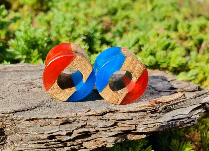 Серьги плаги WoodWork TUNNEL Round Red-Blue 50 мм Деревянные - изображение 8