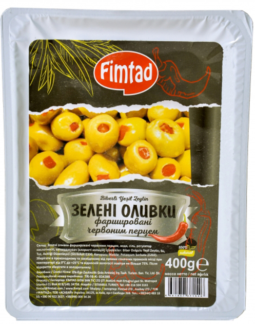 Оливки зелені Fimtad фаршировані перцем 400 г (8681957371546) - зображення 1