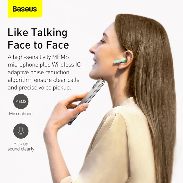 Беспроводные Bluetooth наушники Baseus Encok AirNora TWS W2 Салатовый - Фото 13 Беспроводные Bluetooth наушники Baseus Encok AirNora TWS W2 Салатовый - изображение 13