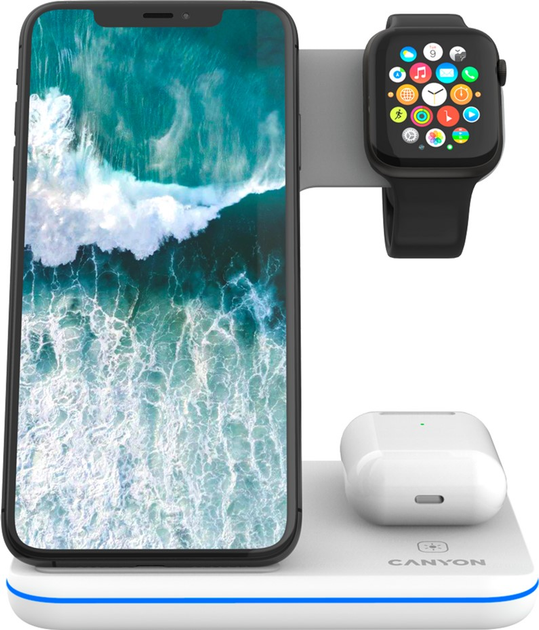 Бездротовий зарядний пристрій Canyon WS-303 3 в 1 QI White (CNS-WCS303W) - зображення 2