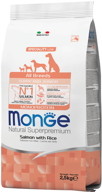 Сухой корм для щенков всех пород Monge Dog All breeds Puppy&Junior Salmon&Rice со вкусом рыбы и риса 2.5 кг (8009470011204) - изображение 1