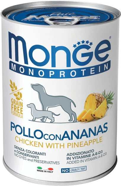 Вологий корм для собак Monge Dog Fruit Monoprotein курка з ананасом 400 г (8009470014311) - Фото 1 Вологий корм для собак Monge Dog Fruit Monoprotein курка з ананасом 400 г (8009470014311) - зображення 1