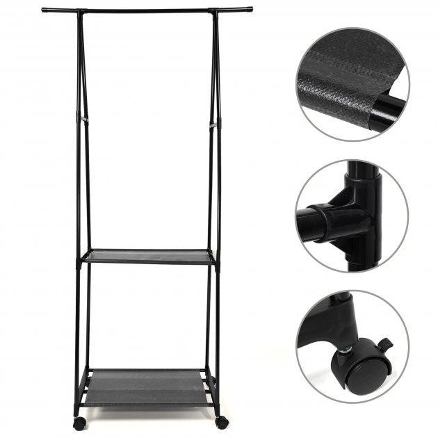 Передвижная напольная вешалка для одежды The New Coat Rack передвижная напольная 2 полочки 160х55х42 см Черный - изображение 3