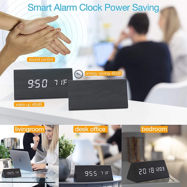 Электронные LED часы черные с белой подсветкой Wooden Clock VST-861 - изображение 6