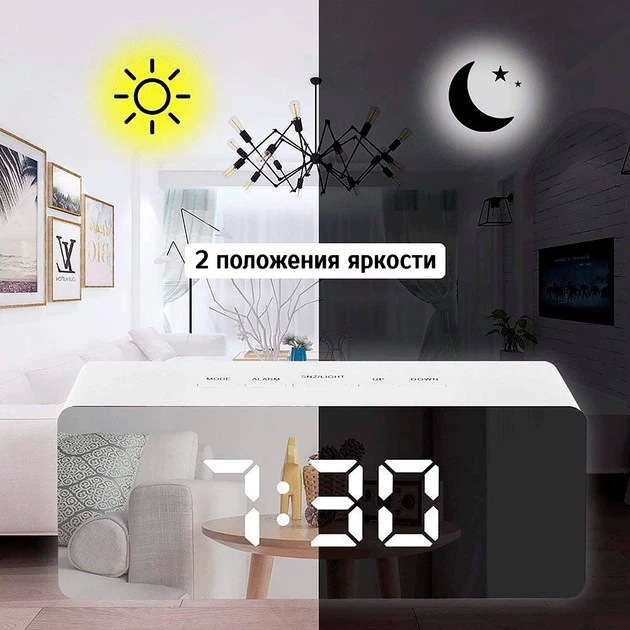 Часы настольные электронные зеркальные Losso Premium с LED подсветкой (белые), будильник - изображение 10