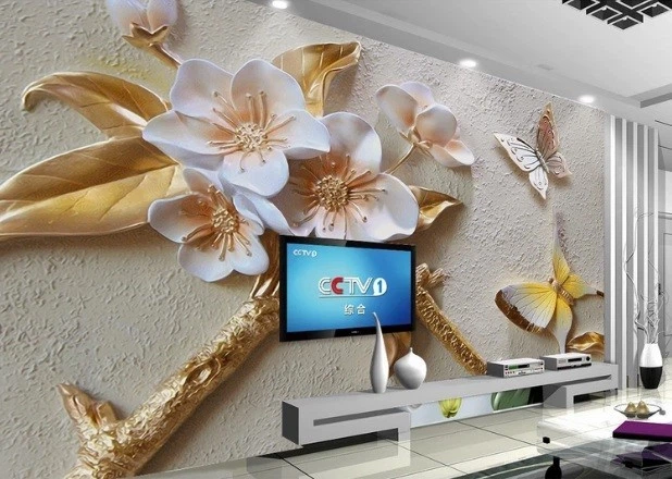 Фотообои флизелиновые ЗД Белые цветы на золотой ветке С0282 - изображение 3