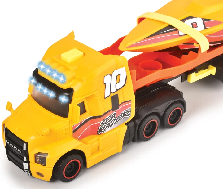 Вантажівка Мак Dickie Toys "Перевезення катера" з причепом, зі звуком та світловими ефектами 41 см (203747009) - Фото 4 Вантажівка Мак Dickie Toys "Перевезення катера" з причепом, зі звуком та світловими ефектами 41 см (203747009) - зображення 4