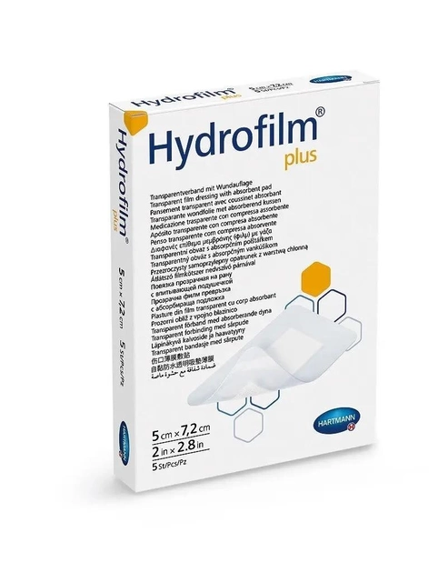 Пов’язка плівкова прозора з абсорбуючою подушечкою Hydrofilm Plus 5х7,2см 1шт - зображення 1