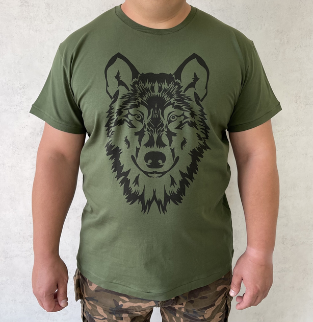 Мужская футболка для охотника принт Волк XL темный хаки - изображение 1