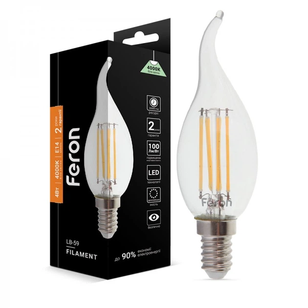 Светодиодная лампа Feron Filament LB-59 4Вт E14 4000K свеча на ветру - Фото 1 Светодиодная лампа Feron Filament LB-59 4Вт E14 4000K свеча на ветру - изображение 1