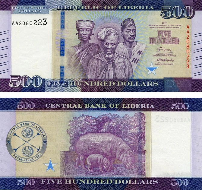 Банкнота Ліберія 500 доларів 2017 UNC Бегемот Гіпопотам (P36) - Фото 1 Банкнота Ліберія 500 доларів 2017 UNC Бегемот Гіпопотам (P36) - зображення 1