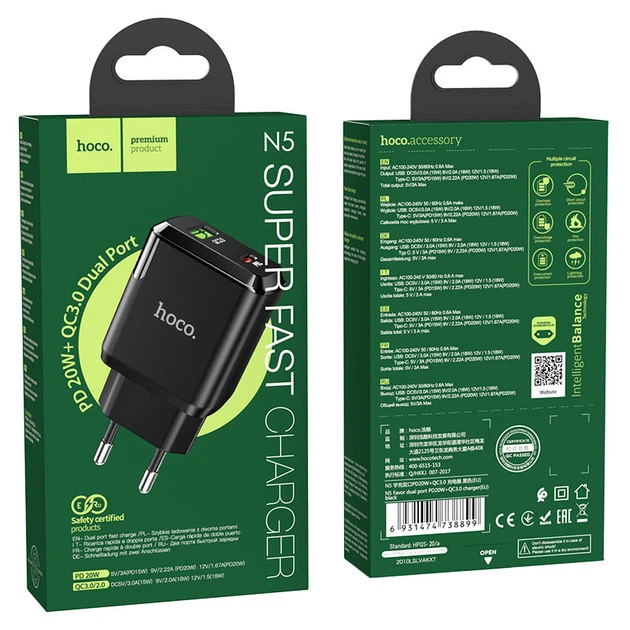 Сетевое зарядне пристрій HOCO N5 Favor PD20W+QC3.0 USB-A/USB-C/3A Black - зображення 2