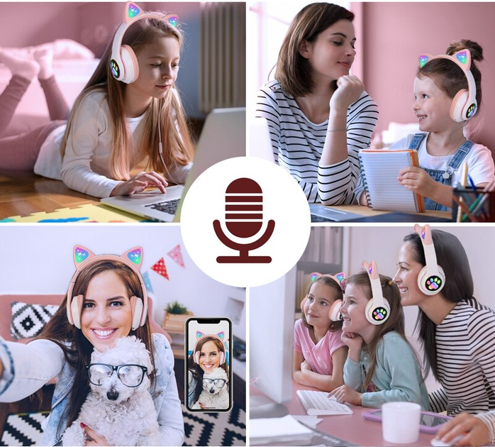 Беспроводные детские Bluetooth наушники с кошачьими ушками и цветной подсветкой Cat VZV-23M (Розовые) - изображение 3
