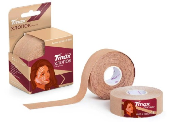 Кинезио тейп Tmax Face Tape хлопок 2,5смx5м бежевый (2 тейпа в упаковке) - изображение 1