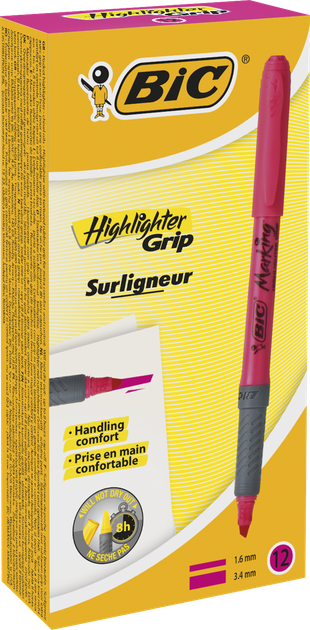 Текстовый маркер Bic Highlighter Grip, 1,6-3,5мм, розовый - Фото 3 Текстовый маркер Bic Highlighter Grip, 1,6-3,5мм, розовый - изображение 3