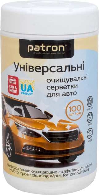 Серветки універсальні Patron для очищення поверхонь авто пластик/скло/шкіра/гума, туба 100 шт. (F3-052) - Фото 1 Серветки універсальні Patron для очищення поверхонь авто пластик/скло/шкіра/гума, туба 100 шт. (F3-052) - зображення 1