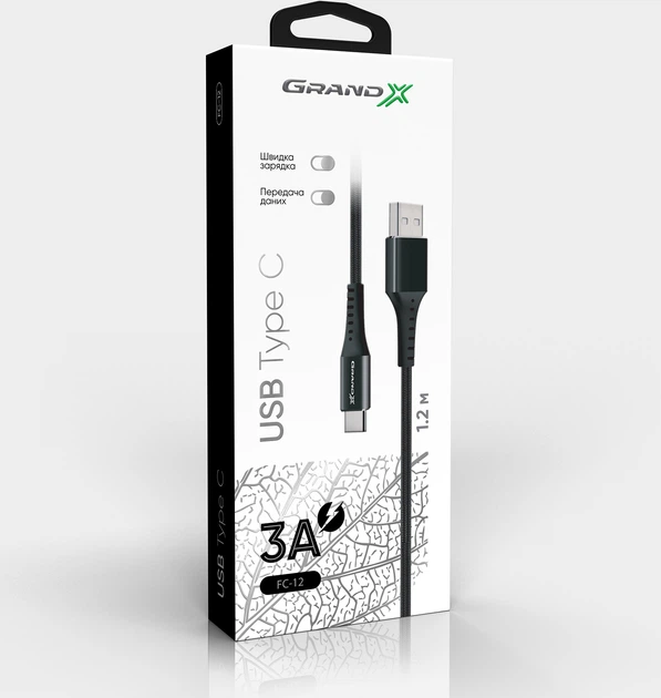 Кабель Grand-X USB Type-C FC-12B 3A 1.2 м Black (FC-12B) - Фото 5 Кабель Grand-X USB Type-C FC-12B 3A 1.2 м Black (FC-12B) - изображение 5