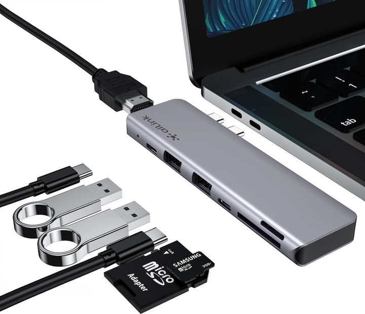 USB-хаб адаптер Ailink Aluminium 7 в 1 USB-C 4K HDMI Card Reader Hub Multi Port AI-CH7D Space Grey - зображення 2