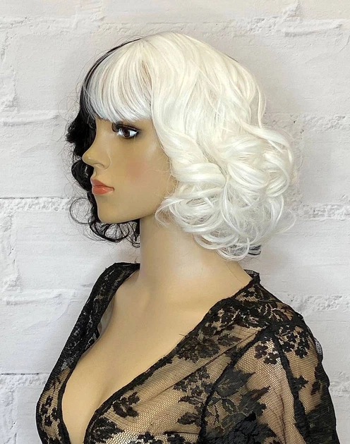 Парик Круэлла Cruella DM-181 каре черно-белый, с имитацией кожи, 26-27 см, термостойкое волокно - изображение 2