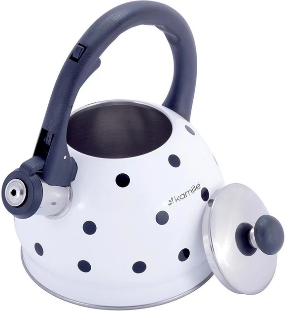 Чайник Kamille Polka Dot Kettle 2л из нержавеющей стали со свистком, в горошек, белый (KM-1070WH) - Фото 2 Чайник Kamille Polka Dot Kettle 2л из нержавеющей стали со свистком, в горошек, белый (KM-1070WH) - изображение 2