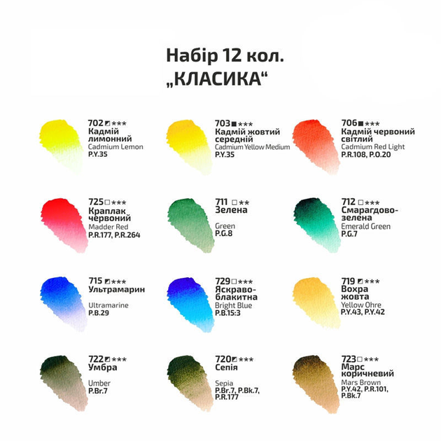 Краски акварельные Rosa Gallery набор 12 цветов Классика в кюветах ...
