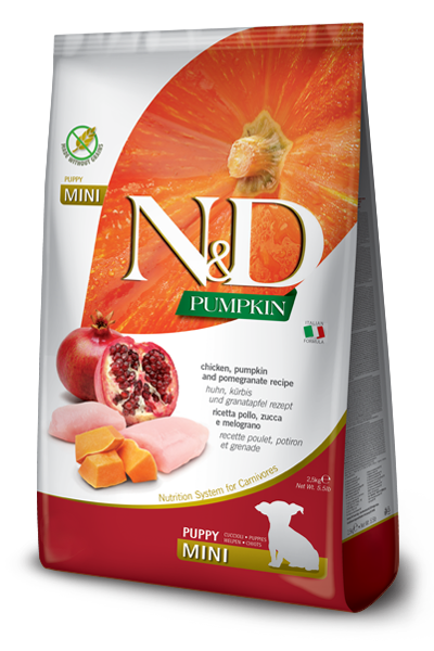Беззерновой сухой корм для щенков N&D GRAIN FREE PUMPKIN DOG CHICKEN & POMEGRANATE PUPPY MINI мелких пород (тыква/курица/гранат), 2.5 кг - Фото 1 Беззерновой сухой корм для щенков N&D GRAIN FREE PUMPKIN DOG CHICKEN & POMEGRANATE PUPPY MINI мелких пород (тыква/курица/гранат), 2.5 кг - изображение 1