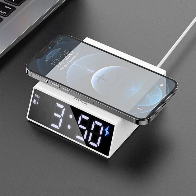 Настольные LED смарт-часы with Qi Charger HOCO DCK1 |Alarm/Watch/Qi Charger, 10W| white - изображение 6