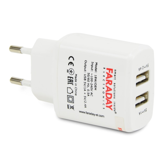 Блок живлення Faraday Electronics 18W/OEM з 2 USB виходами 5V/1A+2.4A - изображение 2