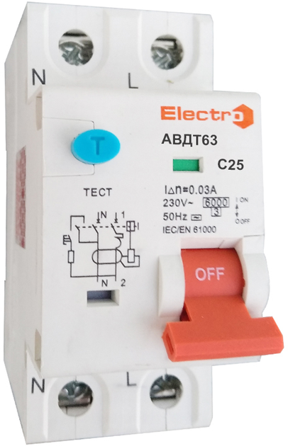 Диференціальний автомат ElectrO АВДТ63 1+N 25А 30 мА C (60AVDT25E30 ...